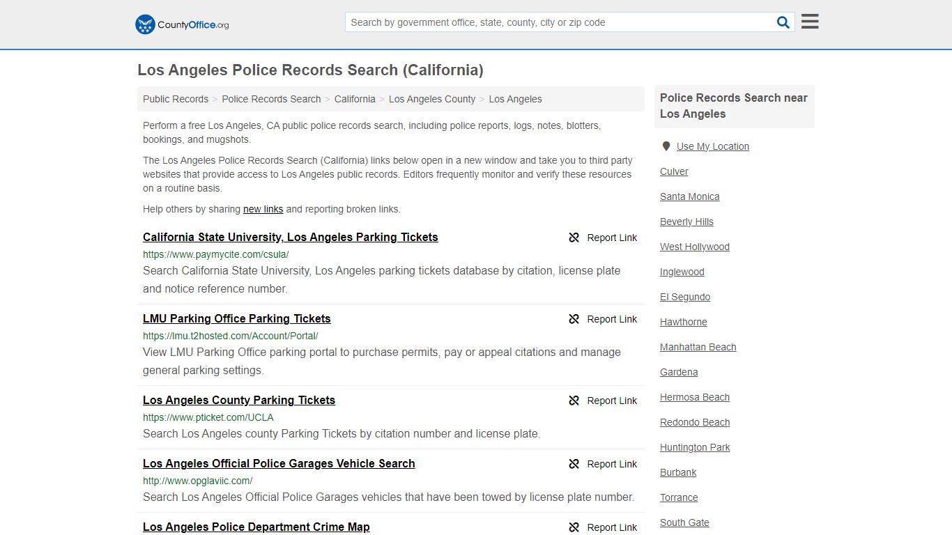 Los Angeles Police Records Search (California) - County Office